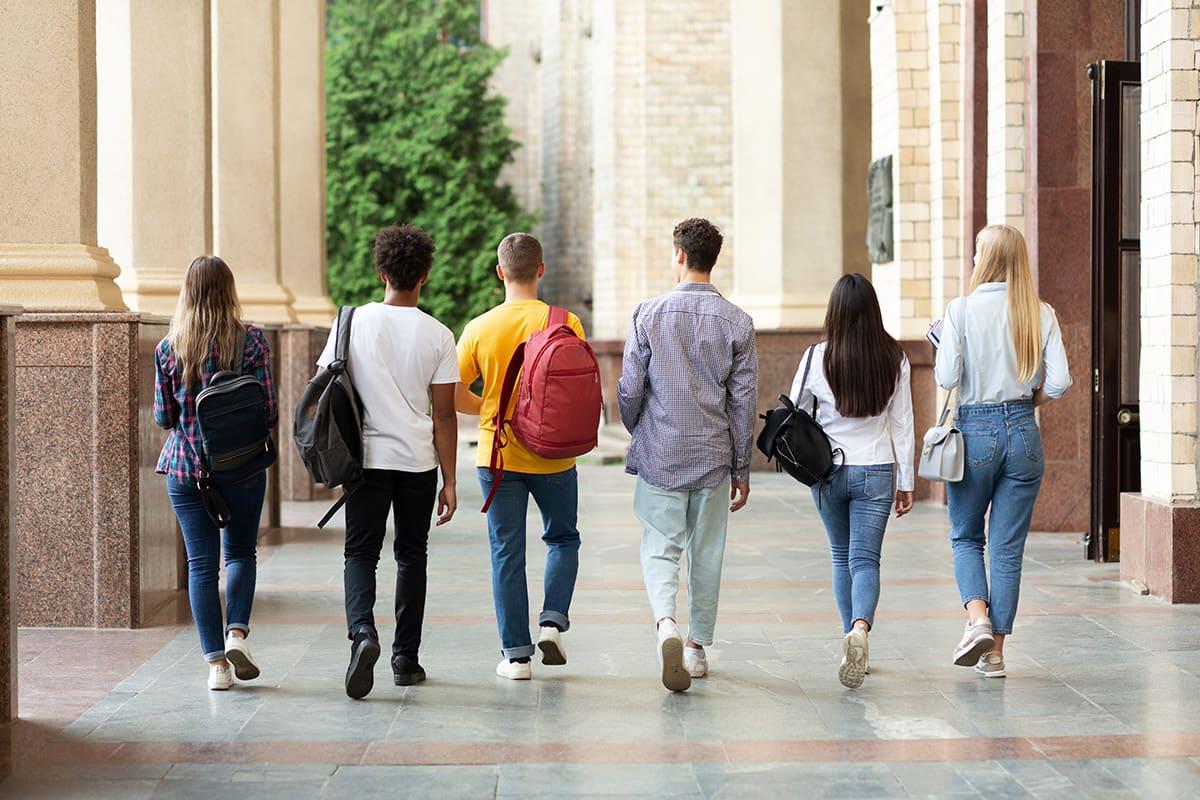 Six students with their backs turned walking way